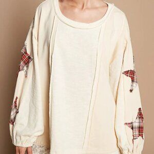 NEW LADIES SIZE S POL CREAM LONG WAFFLE SLEEVE JACKIE PLAID STAR SHIRT FKT1323